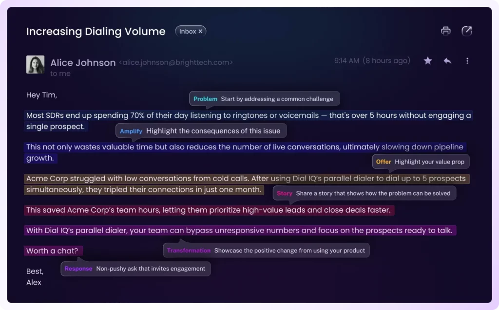 Cold email highlighting Dial IQ's Parallel Dialer success story, demonstrating how dialing 5 prospects at once increased connection rates and improved sales pipeline efficiency.
