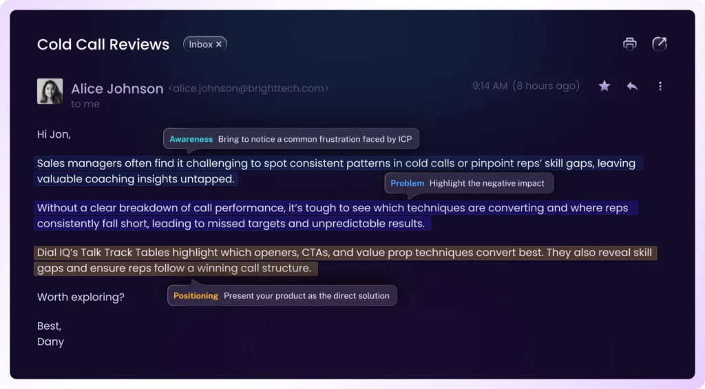Cold email using the Awareness-Problem-Positioning (APP) framework, showing sales managers how Dial IQ's Talk Track Tables improve cold call performance