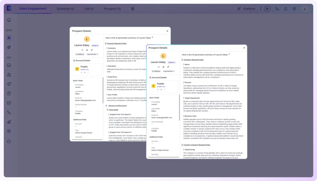 AI-powered prospect intelligence dashboard displaying detailed research, account insights, and business summaries to enhance sales engagement and outreach strategies.